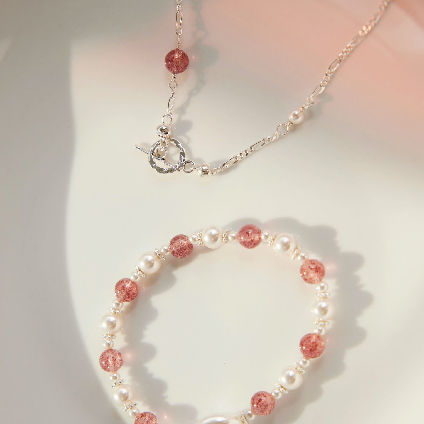 Sakura Rain Sterling Silver Necklace- Pearl&Crystal Charms Dainty Strawberry Crystals, Swarovski Pearls Choker, Timeless and Elegant Jewelry