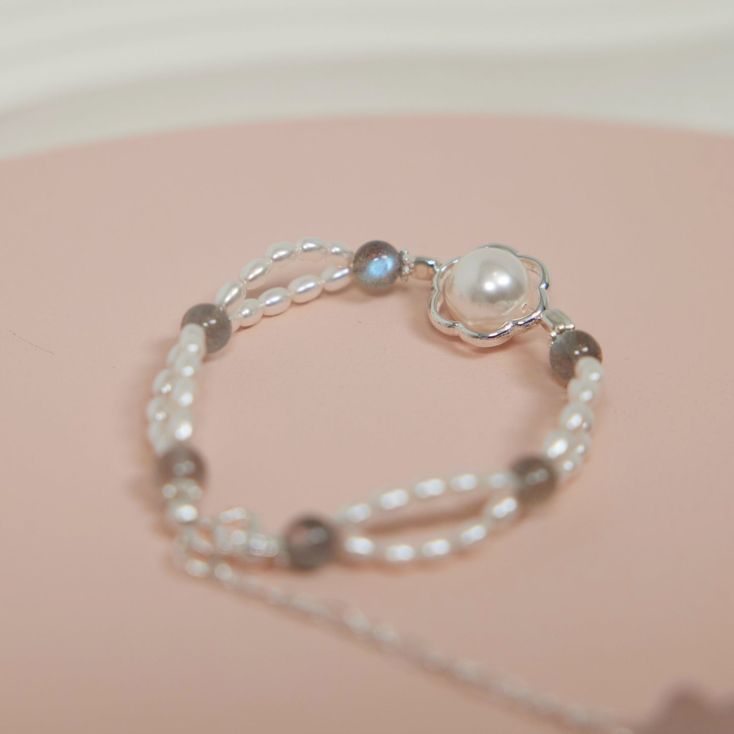 Moonlight Pearl & Grey Moonstone Bracelet- Sterling Silver Swarovski Pearls Hardware, Handmade Elegant Jewelry, Birthday Gift for Her
