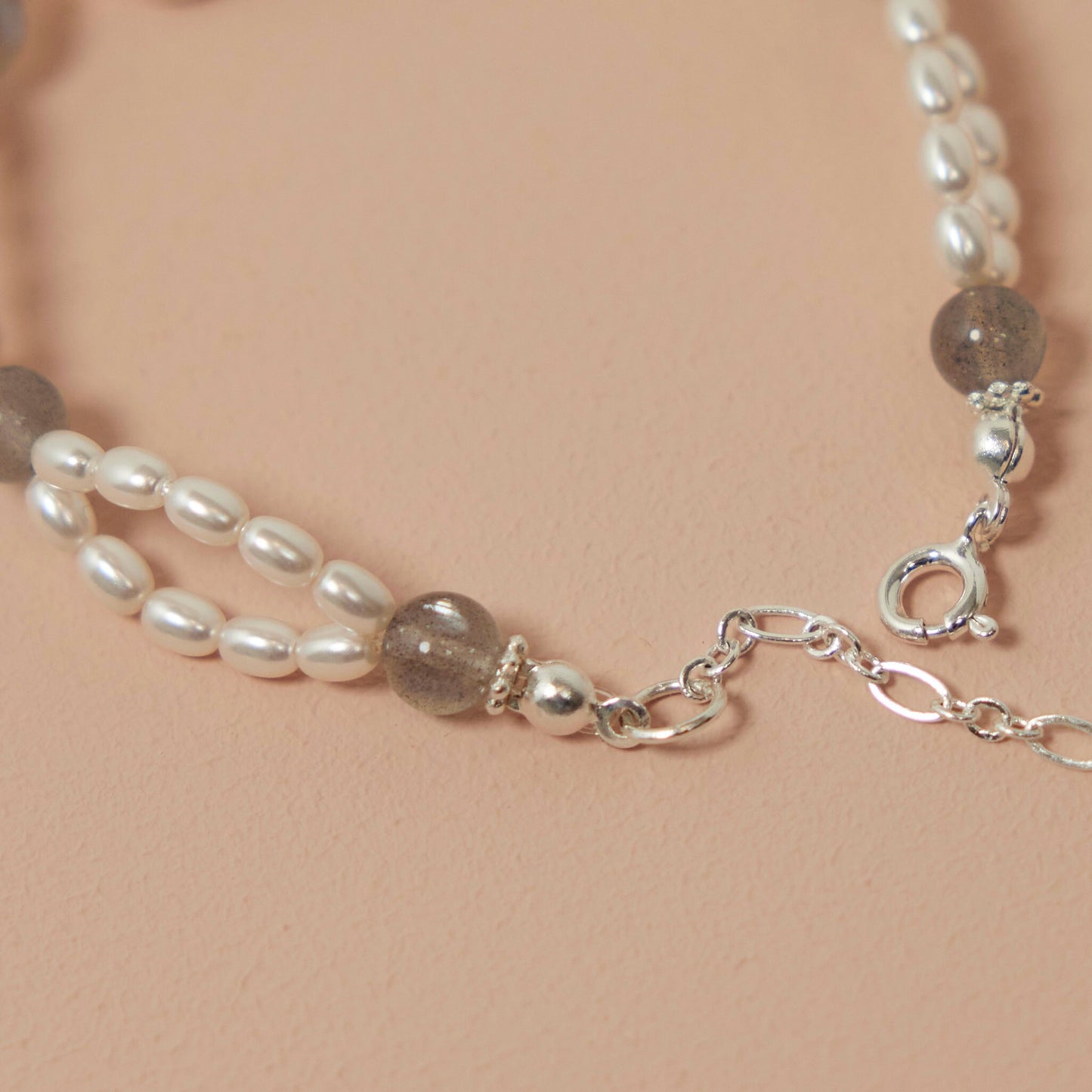 Moonlight Pearl & Grey Moonstone Bracelet- Sterling Silver Swarovski Pearls Hardware, Handmade Elegant Jewelry, Birthday Gift for Her