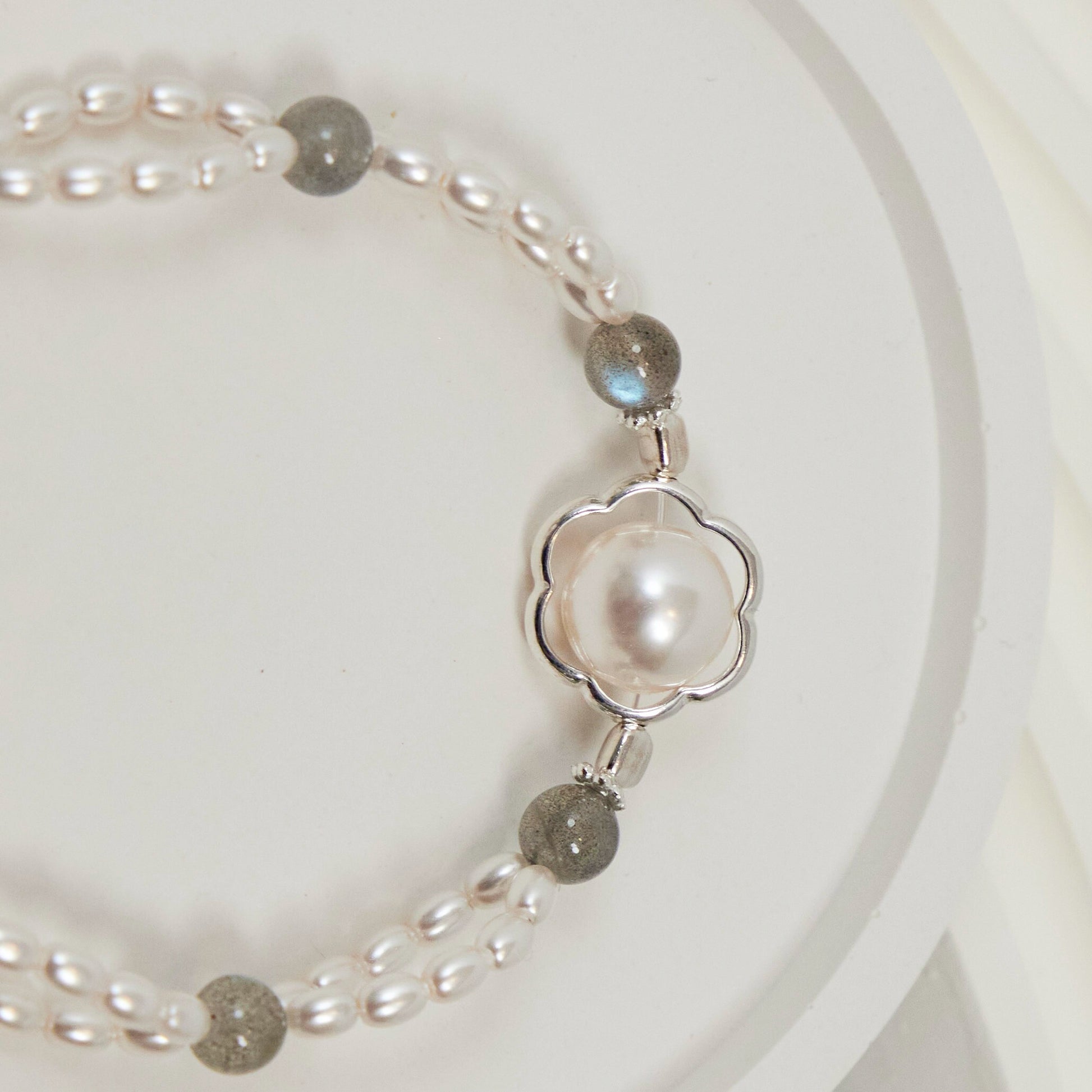 Moonlight Pearl & Grey Moonstone Bracelet- Sterling Silver Swarovski Pearls Hardware, Handmade Elegant Jewelry, Birthday Gift for Her