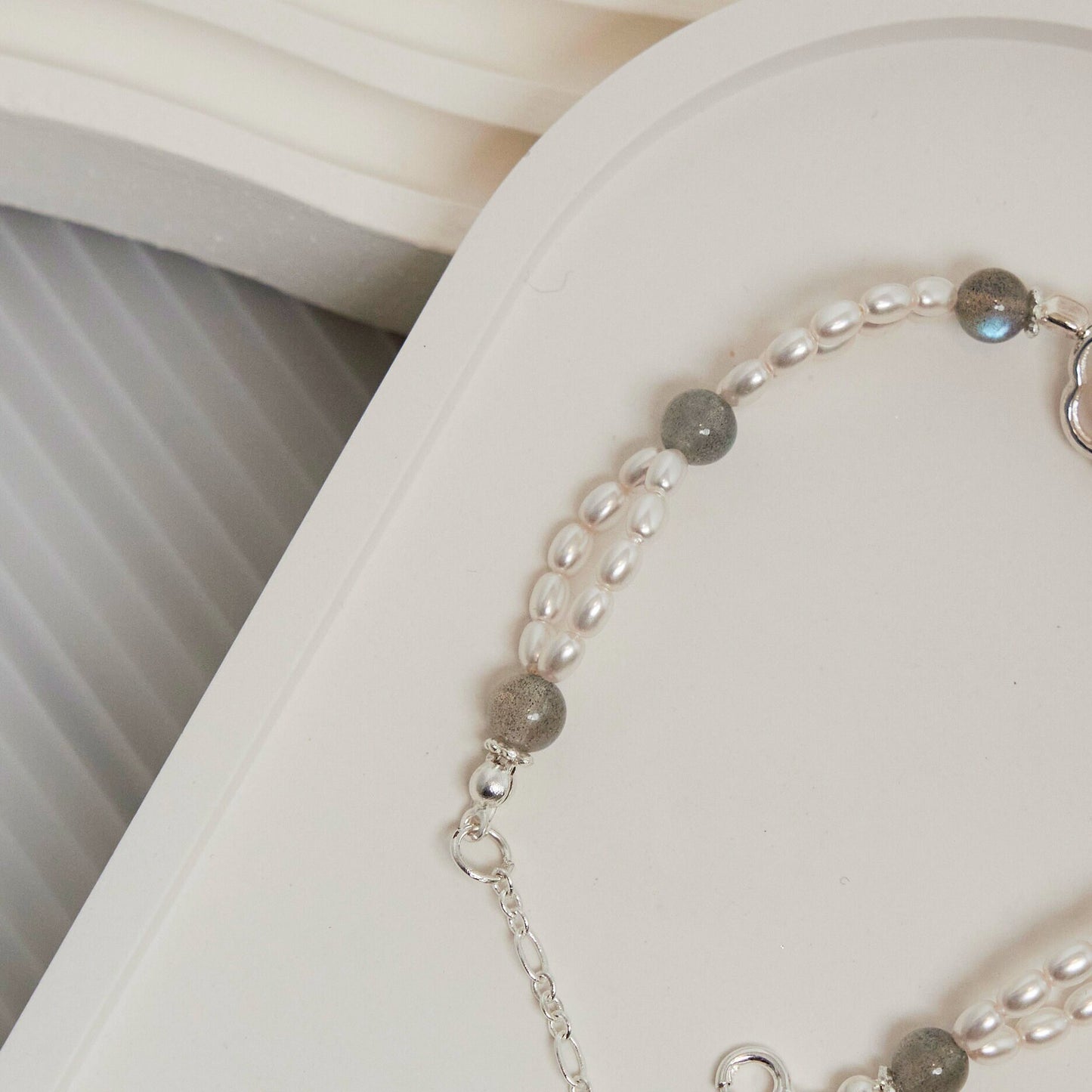 Moonlight Pearl & Grey Moonstone Bracelet- Sterling Silver Swarovski Pearls Hardware, Handmade Elegant Jewelry, Birthday Gift for Her