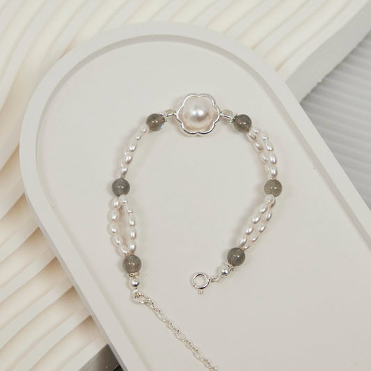 Moonlight Pearl & Grey Moonstone Bracelet- Sterling Silver Swarovski Pearls Hardware, Handmade Elegant Jewelry, Birthday Gift for Her